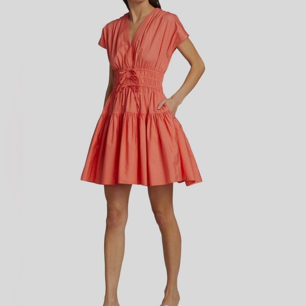 Derek Lam 40/4 US Tie Waist Dress Orange Cotton Blend Tiered V Neck Cap Sleeves